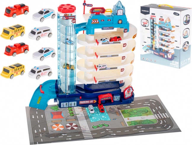 Daudzstāvu autostāvvieta rotaļu mašīnītēm ar elektrisko liftu, 5 līmeņi + spēļu paklājiņš un 8 mašīnas