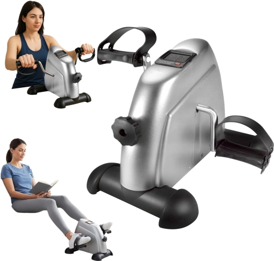 Compact rehabilitation mini exercise bike 2-in-1 with resistance and LCD, silver