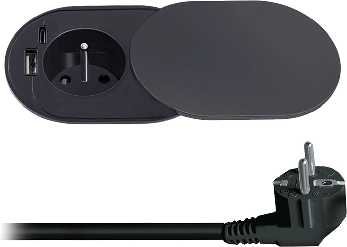 Solight iebūvējama kontaktligzda 230 V ar USB-A un USB-C 20 W PD ar bīdāmu vāciņu, 2 m, matēti melna