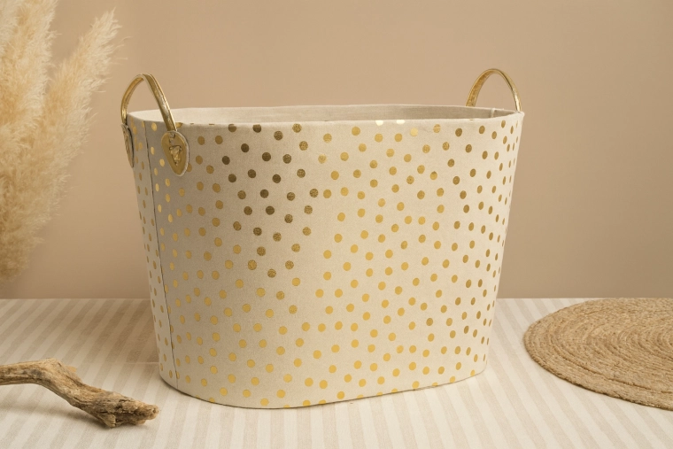 Tekstila veļas un rotaļlietu grozs ar punktiņiem, zelta/sudraba detaļas, 38 × 48 × 34 cm