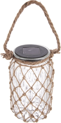 Solar LED glass lantern with jute wrap
