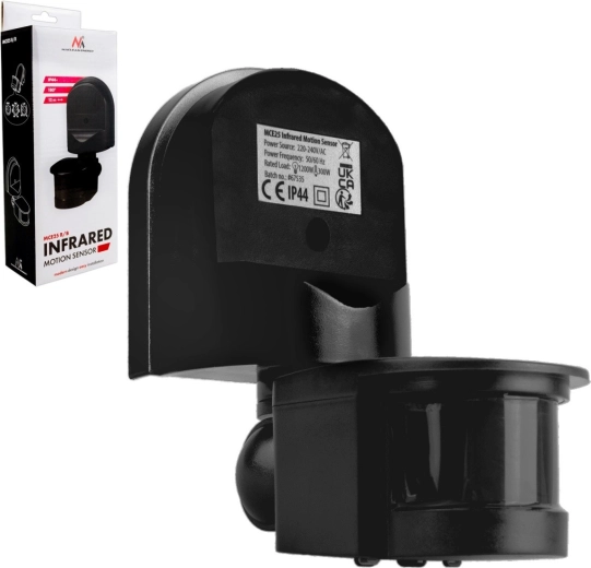 PIR motion and dusk sensor 180° with black shield, range 5–12 m, 1200 W, IP44