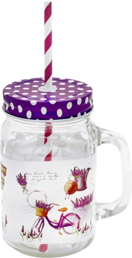 Mason Jar Glass with Straw Lavender 450 ml