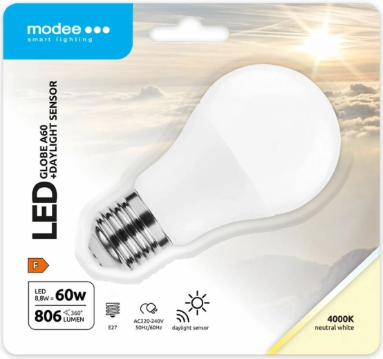 Modee Lighting LED viedā spuldze A60 8,8 W E27, neitrāli balta ar gaismas sensoru