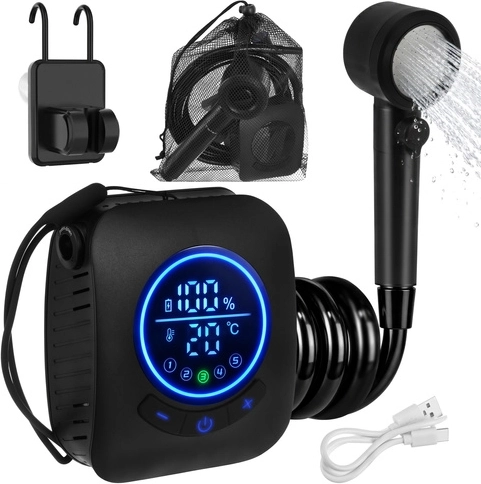 Pārnēsājamais kempinga dušas komplekts TRIZAND 8000 mAh ar sūkni un LED displeju, USB, IPX8