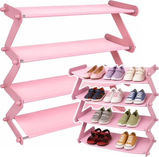 Pink freestanding shoe rack with 4 shelves