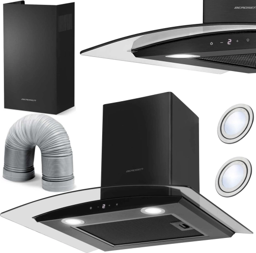 Kamīna tipa virtuves tvaika nosūcējs 60 cm BERDSEN BT-216, melns stikls