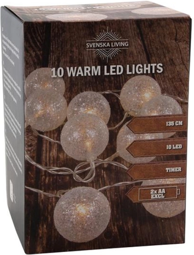 Gaismas virtene ar taimeri, 10 LED, silti balta, 135 cm, dekorācija ar spīdumiem