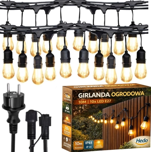 Āra gaismas virtene 10 m ar 10 LED spuldzēm E27, silti balta, IP44