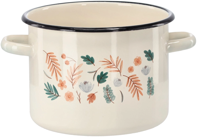 Enamel pot 4.5 l, 20 cm, cream with leaf motif