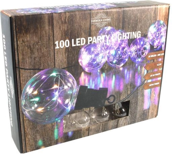 Party lighting with rainbow globes, 100 LED, 4.5 m, with timer