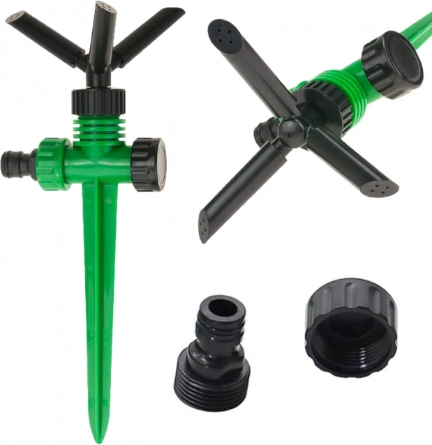 Dārza rotējošais laistītājs 360° ar 3 rokām un zemes mietiņu