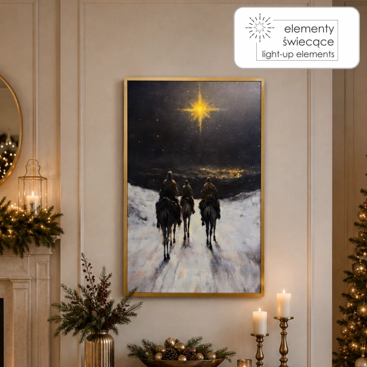 Audekla glezna ar LED apgaismojumu Trīs ķēniņi 40 × 60 cm, zelta rāmis