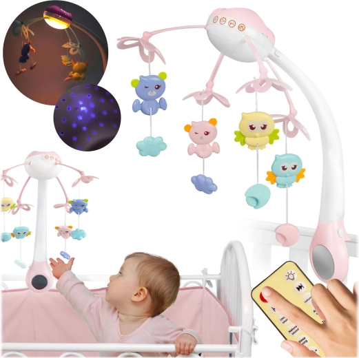 Pink crib mobile with projector and remote control