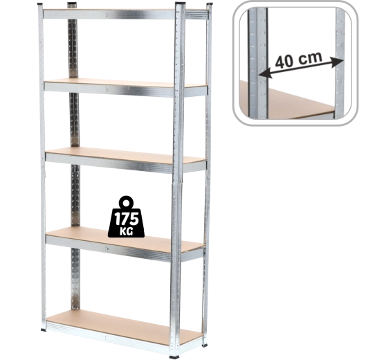 Piecu līmeņu metāla plaukts 220 × 90 × 40 cm, plaukta nestspēja 175 kg