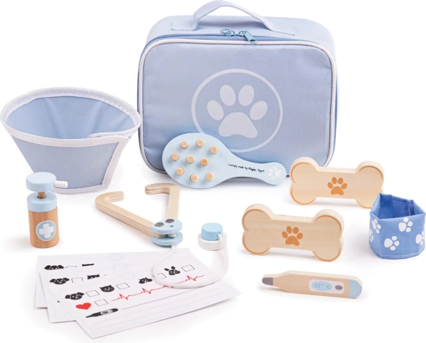 Bigjigs Toys veterinārā komplekts bērniem – koka mājdzīvnieku aprūpes komplekts, 12 gb