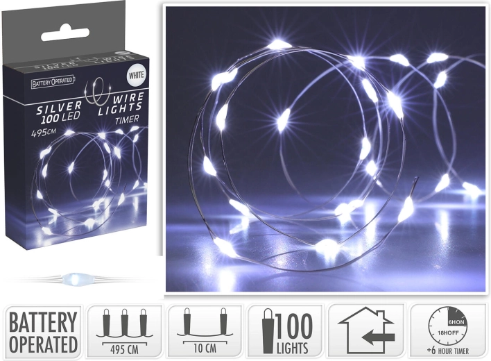 Ziemassvētku LED apgaismojums 4,95 m, 100 LED, auksti balts, uz stieples, ar taimeri - 1 gab.