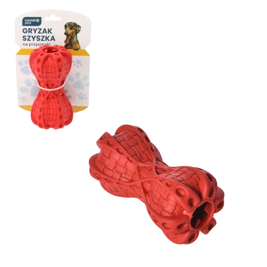Chew toy for dogs shaped like a pine cone with a treat compartment