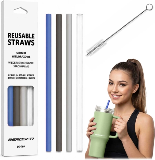 Berdsen plastic reusable straws for a thermal mug – set of 4 pcs + cleaning brush