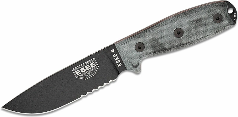 ESEE nazis 4S ar daļēju zobojumu, 11,4 cm, melns/pelēks, Micarta, MOLLE maksts