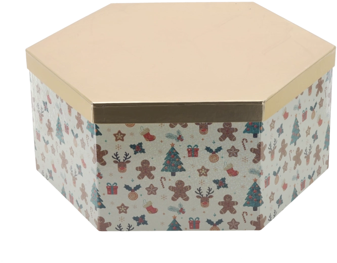 Christmas gift box hexagon with a gold lid 39 × 33.5 × 16.5 cm