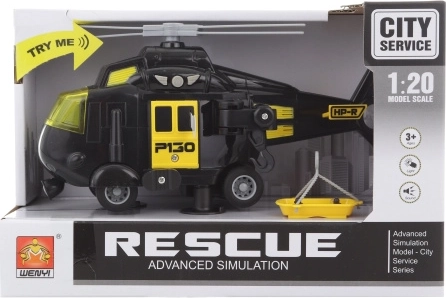 Melns helikopters ar baterijām, ar gaismām un skaņām