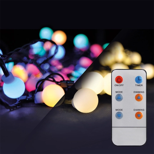 Solight āra LED Ziemassvētku virtene 2v1 ar bumbām un tālvadības pulti, 100 LED, RGB + neitrāli balta, 10 m + 5 m, IP44