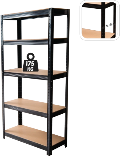 Piecu plauktu metāla plaukts 180 × 90 × 40 cm, melns, plaukta slodze 175 kg
