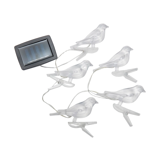 Saules gaismas virtene ar putniņiem uz klipšiem, silti balta, 5 LED, 3,2 m