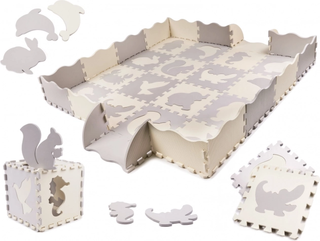 Putas izglītojošais puzles paklājs, pelēks un ecru, 36 daļas, 150 × 150 cm