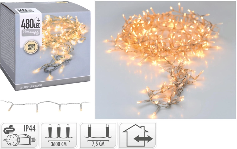 Ziemassvētku LED virtene 36 m, 480 LED, silti balta, caurspīdīgs vads, IP44