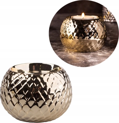 Porcelain candle holder with relief decoration in a gold finish