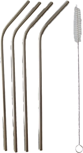 Nerūsējošā tērauda salmiņi (izliekti) 21,5 cm (4 gab.) ar tīrīšanas birstīti