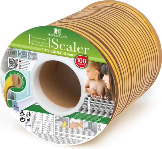 Self-adhesive D-profile sealing strip for doors and windows, brown, 100 m