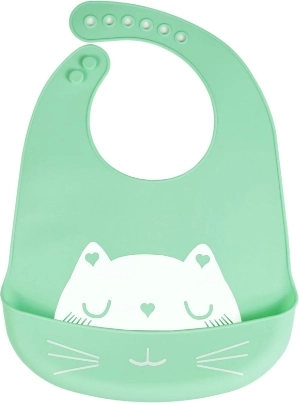 Silikona priekšautiņš ar kabatu bērniem – zaļš, kaķis
