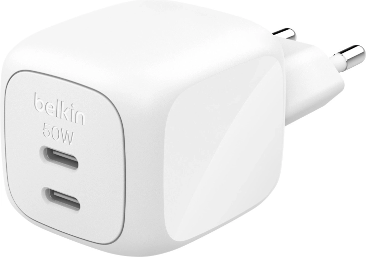 White GaN 50 W mains charger with 2× USB-C