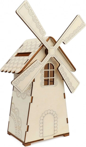 Koka krājkase dzirnavu formā ar apgaismojumu