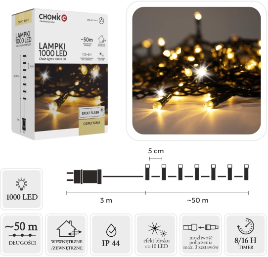 LED gaismas virtene 1000 LED silti balta + auksts mirgošanas efekts, 53 m (3 m pievads) lietošanai iekštelpās un ārā