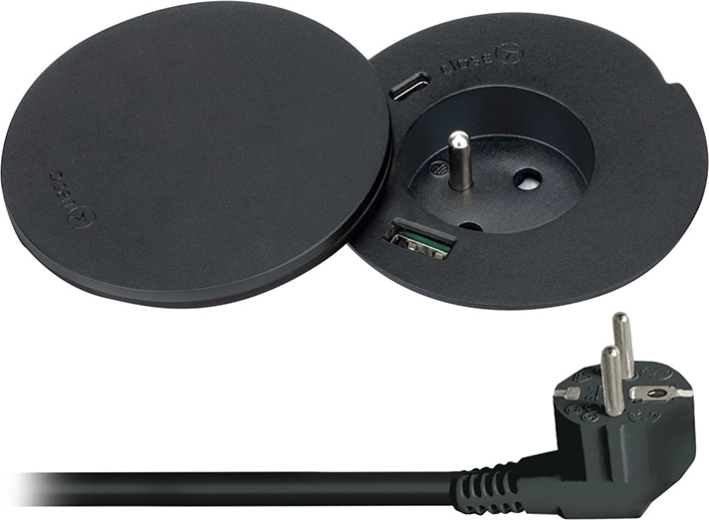 Solight iebūvējama galda kontaktligzda ar USB-A/USB-C un bezvadu uzlādi 10 W, grozāms vāciņš, melna - 1 gab.