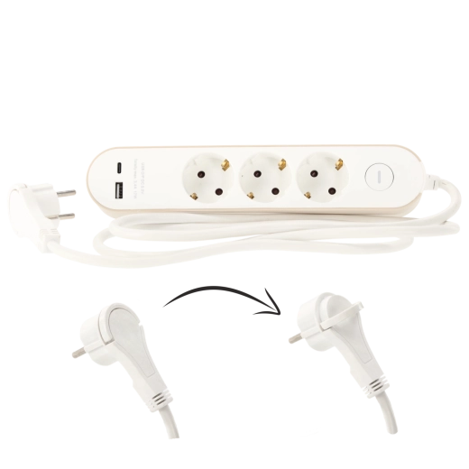 Pārsprieguma pagarinātājs ar slēdzi, 3 Schuko kontaktligzdas un 2 USB (USB-A + USB-C), 1,5 m, balts