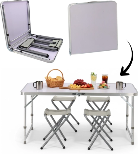 Saliekams kempinga komplekts ar galdu un 4 ķeblīšiem 120 × 60 × 70 cm