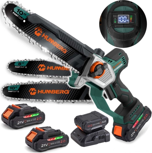 Humberg HM-437 akumulatora mini ķēdes zāģis ar 10" un 8" sliedi (2× 21 V 2,0 Ah)