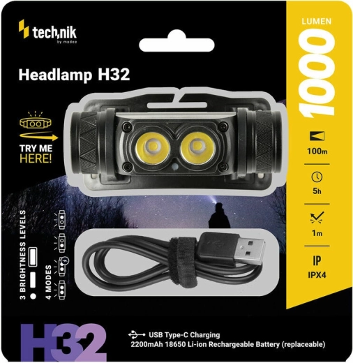 Uzlādējama galvaslampa ar LED OSRAM P9, USB‑C, 1000 lm, stroboskops Technik MT-H32