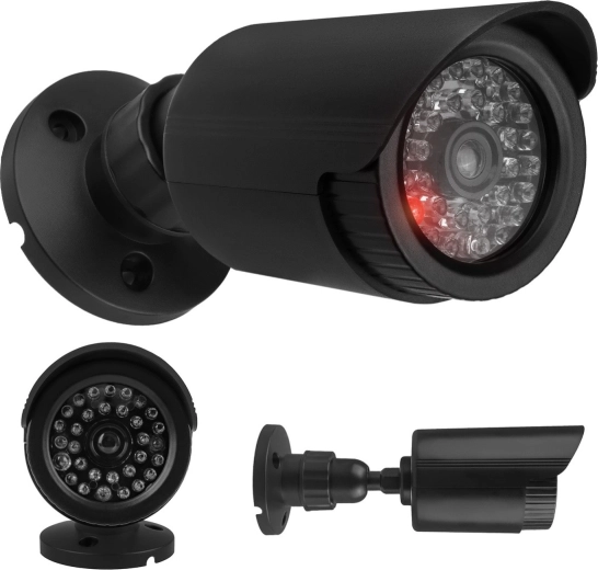 Āra tipa cauruļveida kameras mulāža ar IR LED, melna, barošana 2×AA