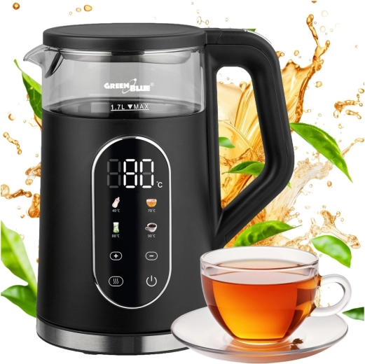 Bezvadu ātrvārāmā tējkanna GreenBlue ar temperatūras regulēšanu 1,7 l melna