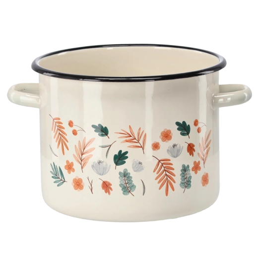 Enamelled pot 5.5 l, diameter 22 cm, cream with leaf motif