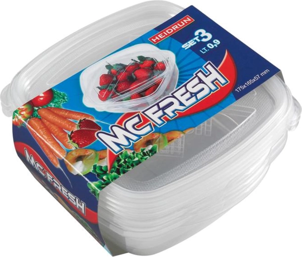 Plastmasas kvadrātveida pārtikas uzglabāšanas kārbiņas ar vāciņu HEIDRUN McFresh 0,9 l, komplekts 3 gab.