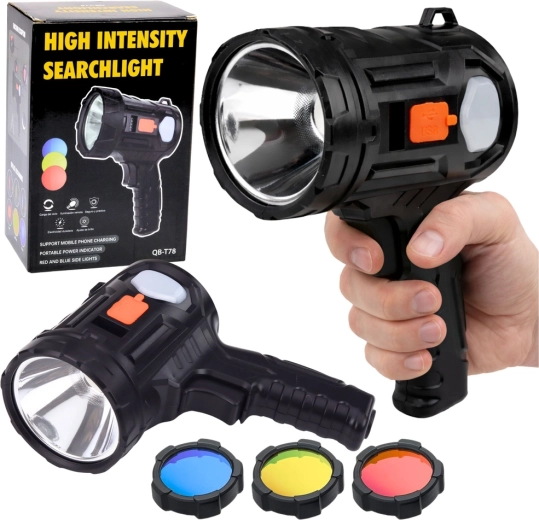 Saules LED rokas prožektors ar 6 režīmiem un maināmiem filtriem, 19 cm