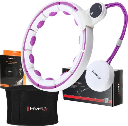 Masāžas hula hoop komplekts ar atsvaru un vidukli slaidinošu jostu balta/violeta