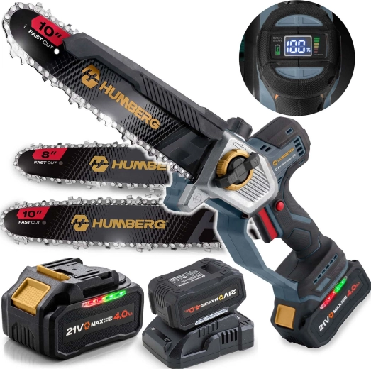 Akumulatora atzarošanas ķēdes zāģis Humberg HM-437 21 V 4,0 Ah (8" un 10" sliedes)